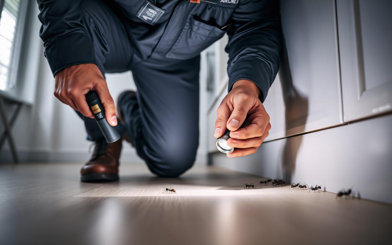 Pest control provider inspecting a home for an ant infestation